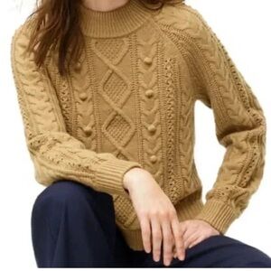 J. Crew Tan Crew Neck Sweater with Cable Knit and Bobble Details